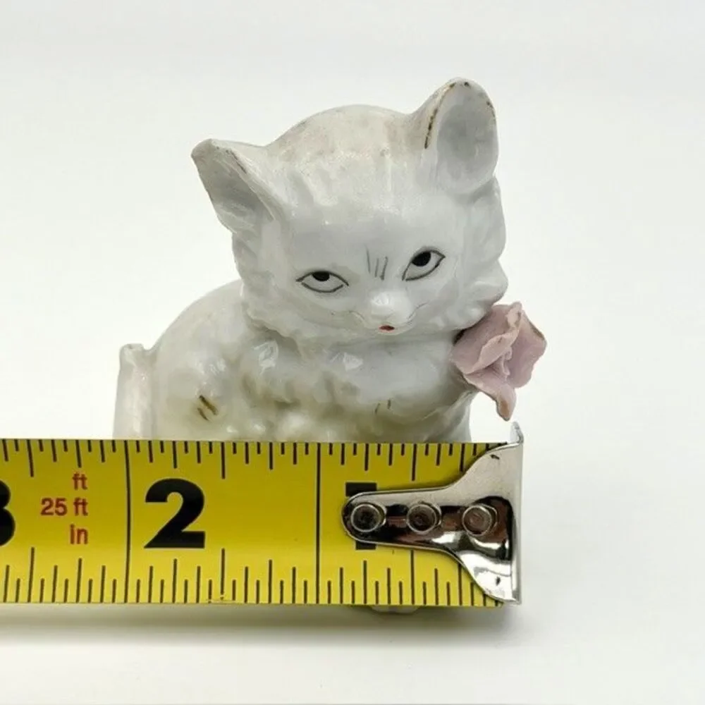 Set of 2 Porcelain White Persian Cat Figurines Pink Rose Gold Trim Japan 2
